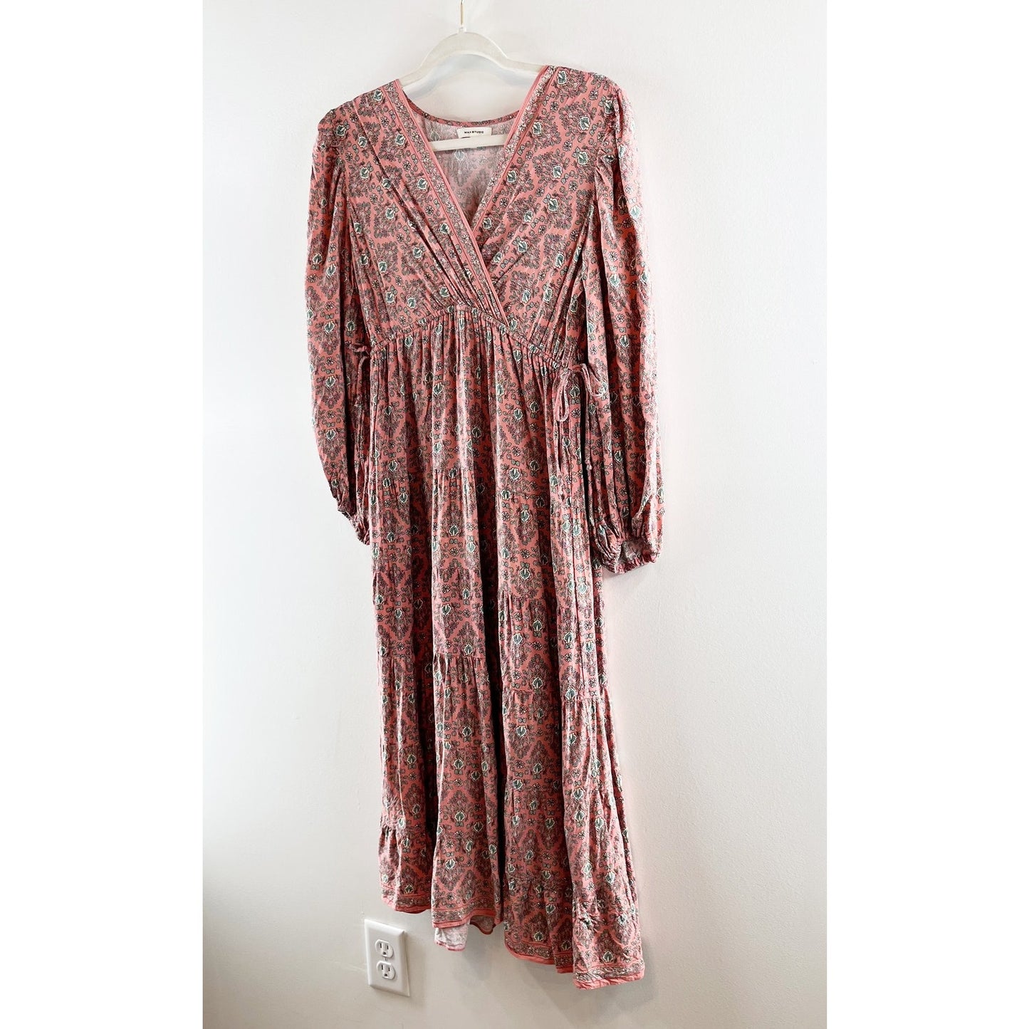 Max Studio Long Sleeve V Neck Printed Midi Dress Maroon Red Small