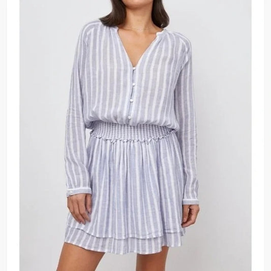 Rails Jasmine Rhone Stripe Linen Long Sleeve Mini Dress Blue White XS