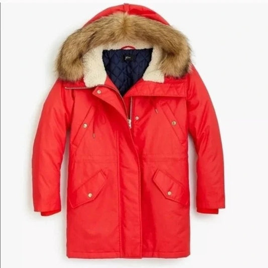 J. Crew Perfect Winter Parka Coat Jacket Faux Fur Trim Hood Red XXS