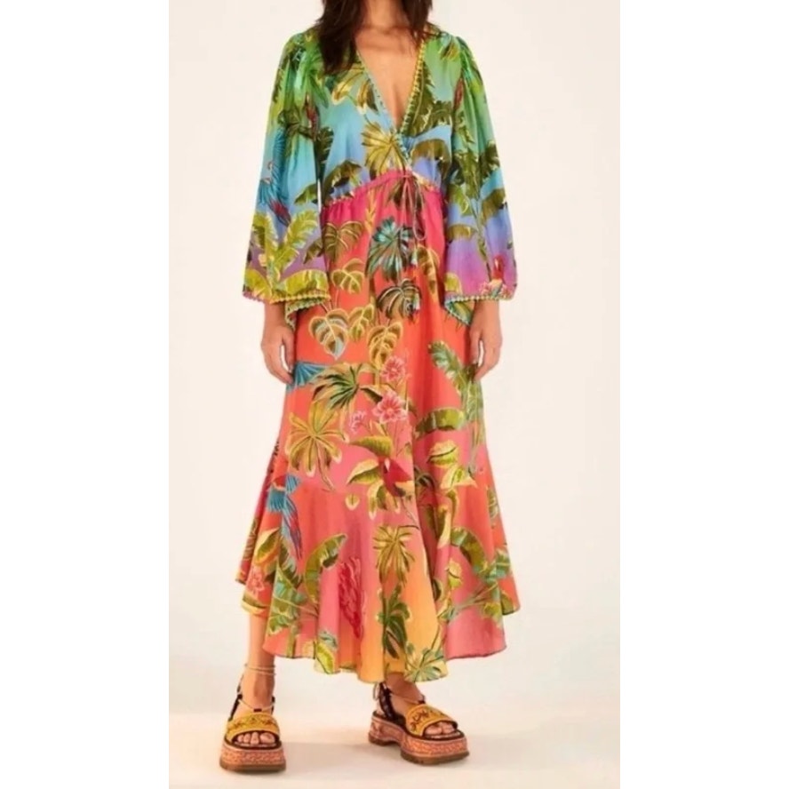 Farm Rio Ombre Forest Ruffle Long Sleeve Maxi Caftan Dress Green Blue Pink Small