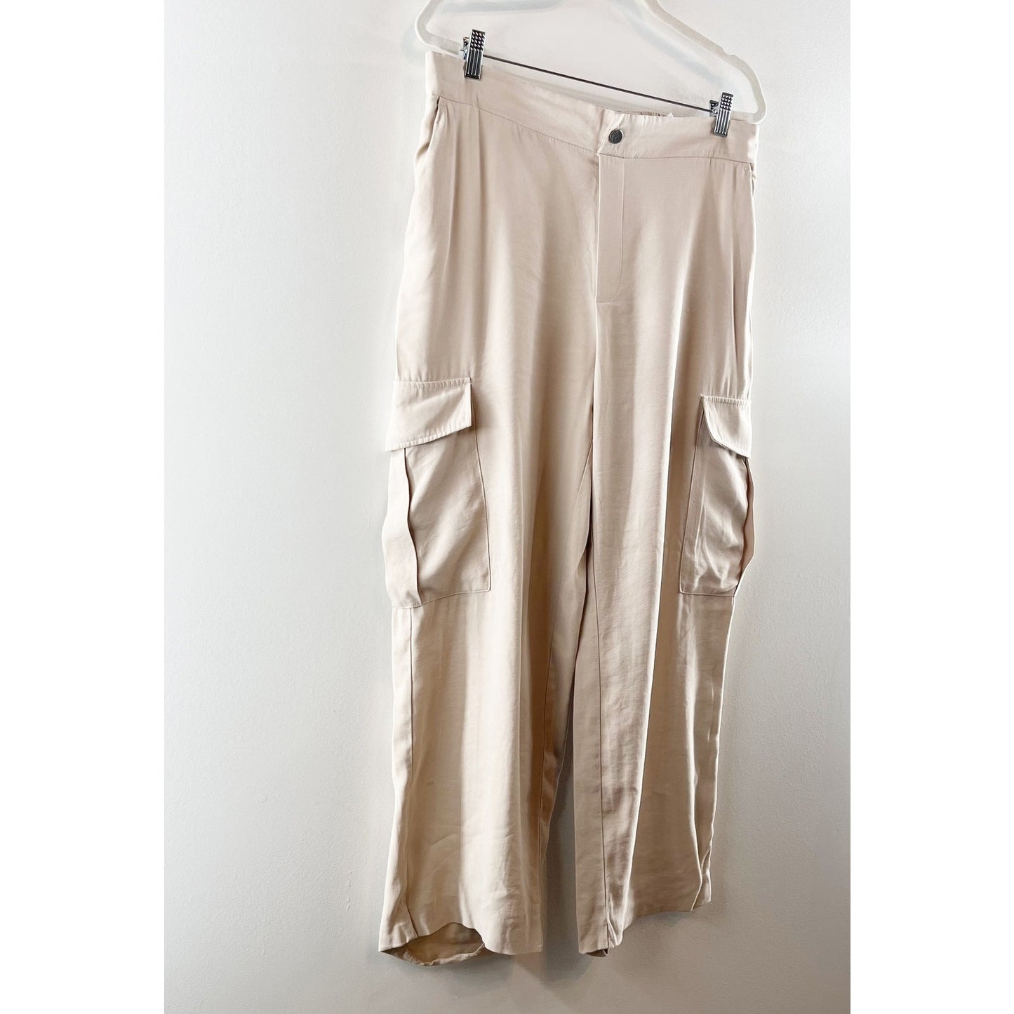 ZARA High Rise Wide Leg Cargo Pocket Pants Tan Beige Khaki XL