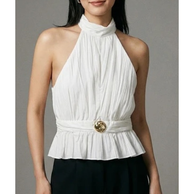 ZARA Halter Front Cutout Gold Detail Cropped Peplum Tank Top White Small