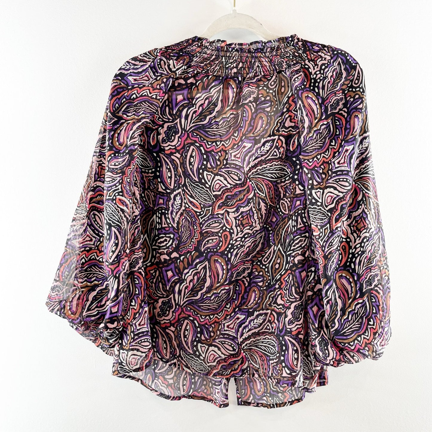 Sanctuary Paisley Print Balloon Sleeves Smocked Neck Blouse Purple Multi Medium