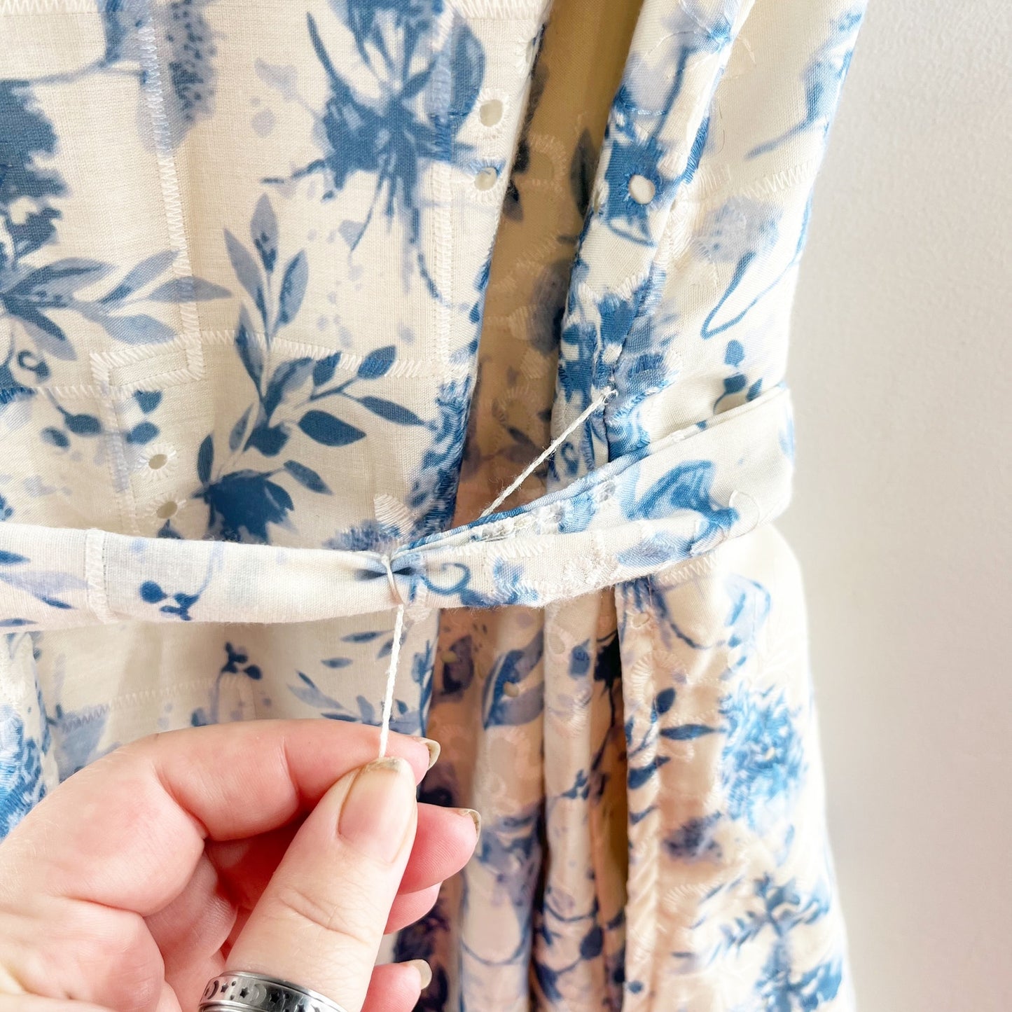 Sam Edelman Short Puff Sleeve Belted Floral Mini Shirt Dress Blue Ivory 12