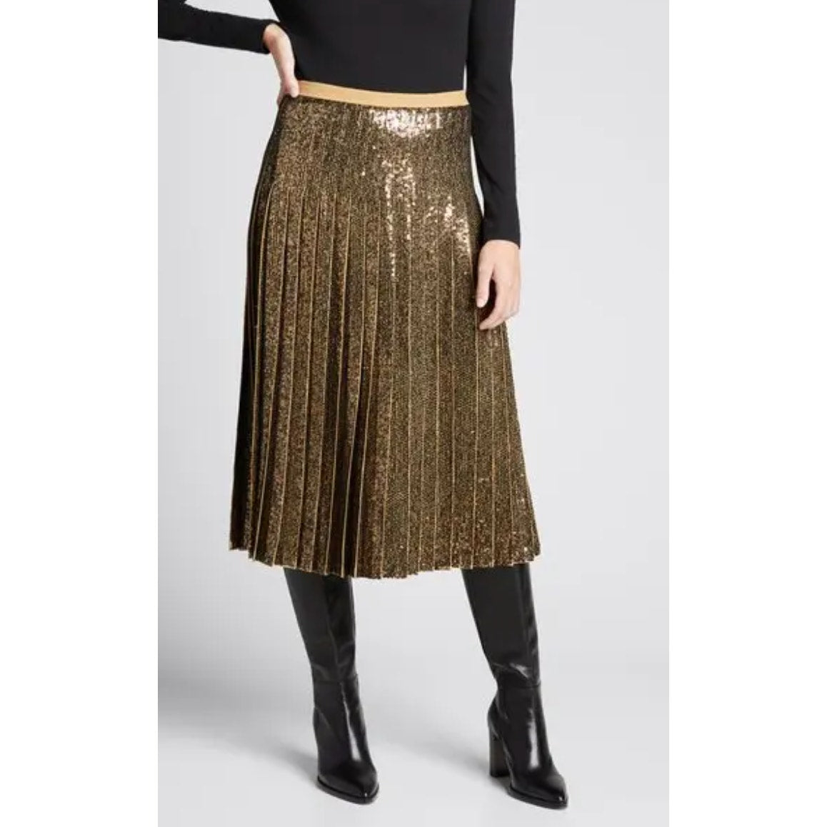 Michael Kors Collection Pleated Sequin Midi Skirt Barley Brass Gold 6
