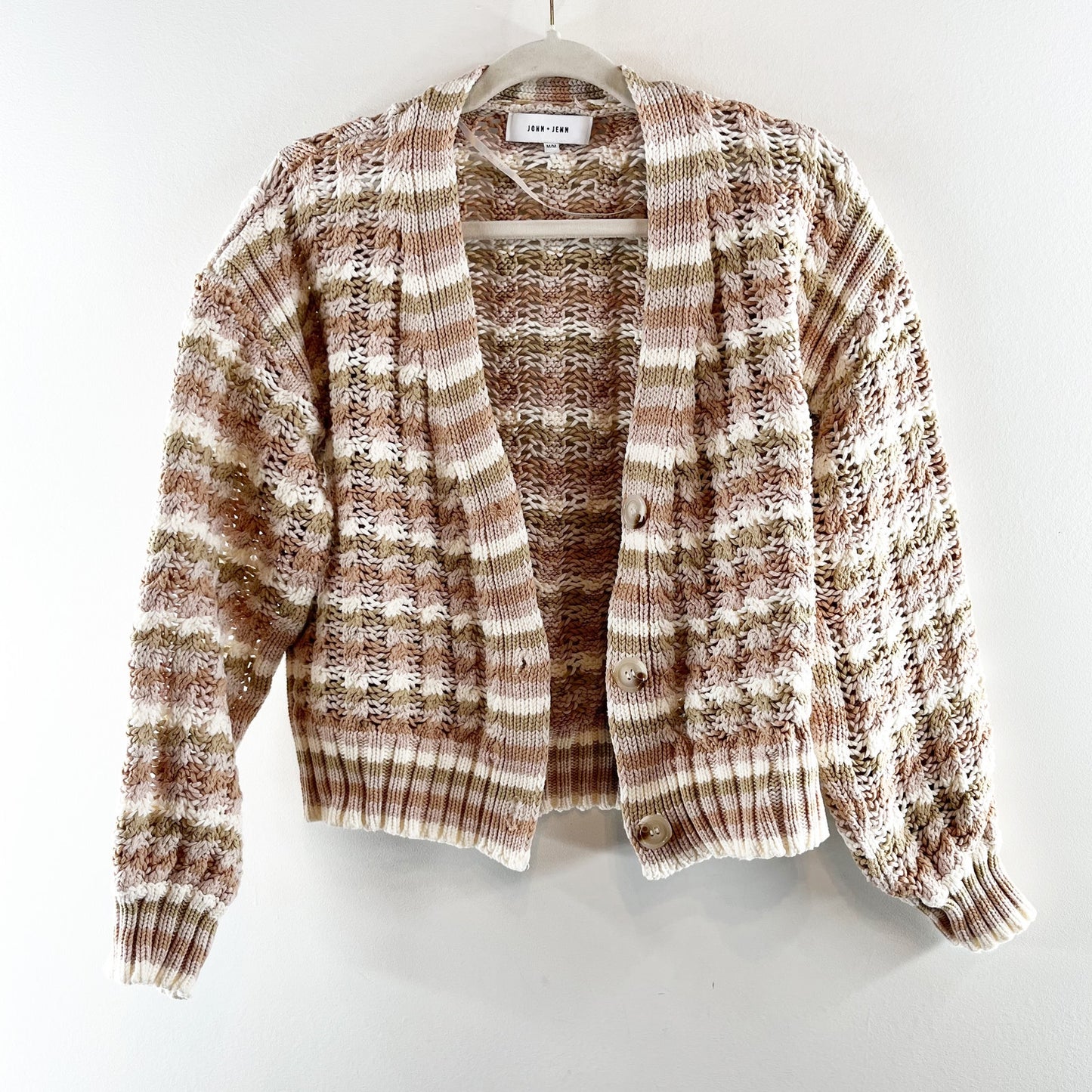 John + Jenn Julianna Striped Knit Cardigan Sweater Tan Pink Medium