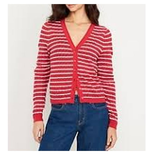 Old Navy So Soft Lite Striped V Neck Long Sleeve Cardigan Sweater Red White XXL