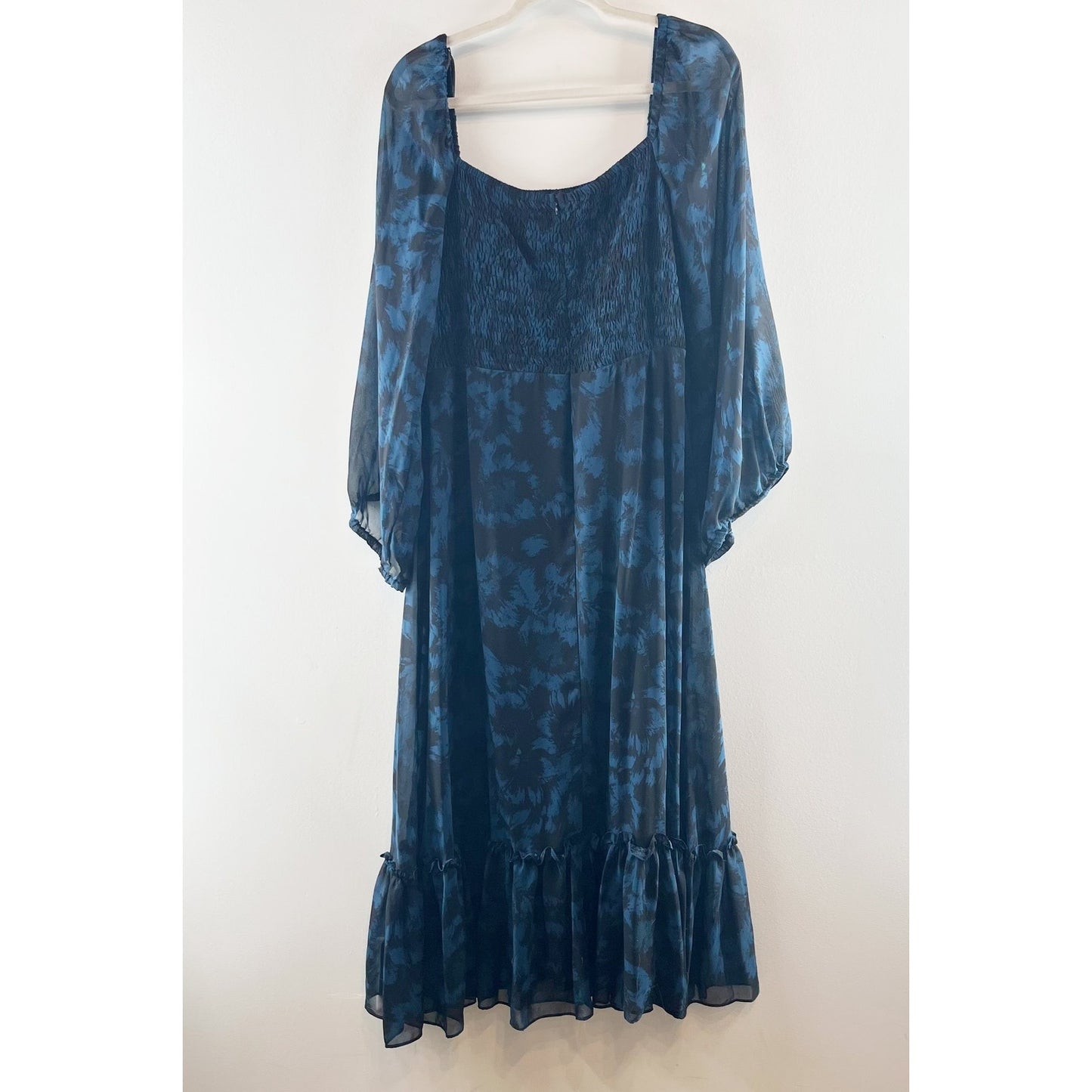 Just Taylor Smocked Bodice Long Sheer Sleeve Floral Midi Dress Blue Large