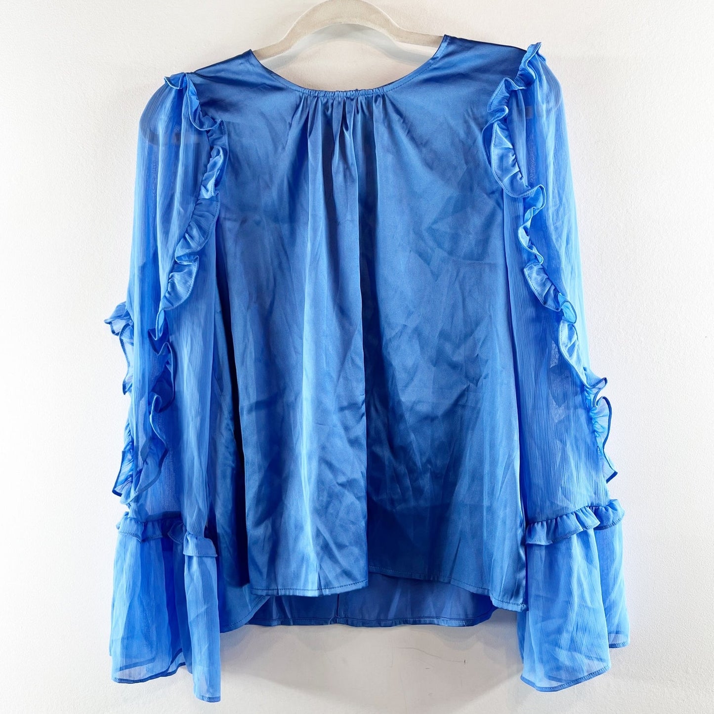French Connection Long Sheer Ruffle Sleeve Blouse Top Blue Medium