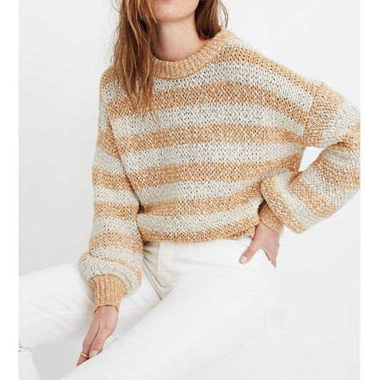 Madewell Baez Pullover Crewneck Sweater in Stripe Gold White Small