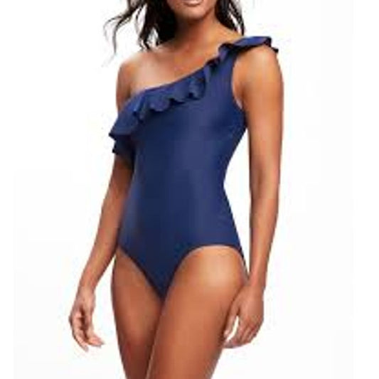 J. Crew One Shoulder Ruffle Trim One Piece Bathing Suit Navy Blue Medium