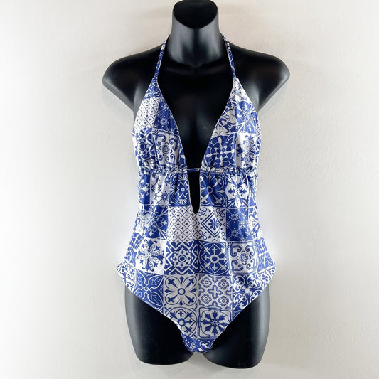 Plunge Halter Neck Open Back Printed One Piece Swimsuit Blue XL