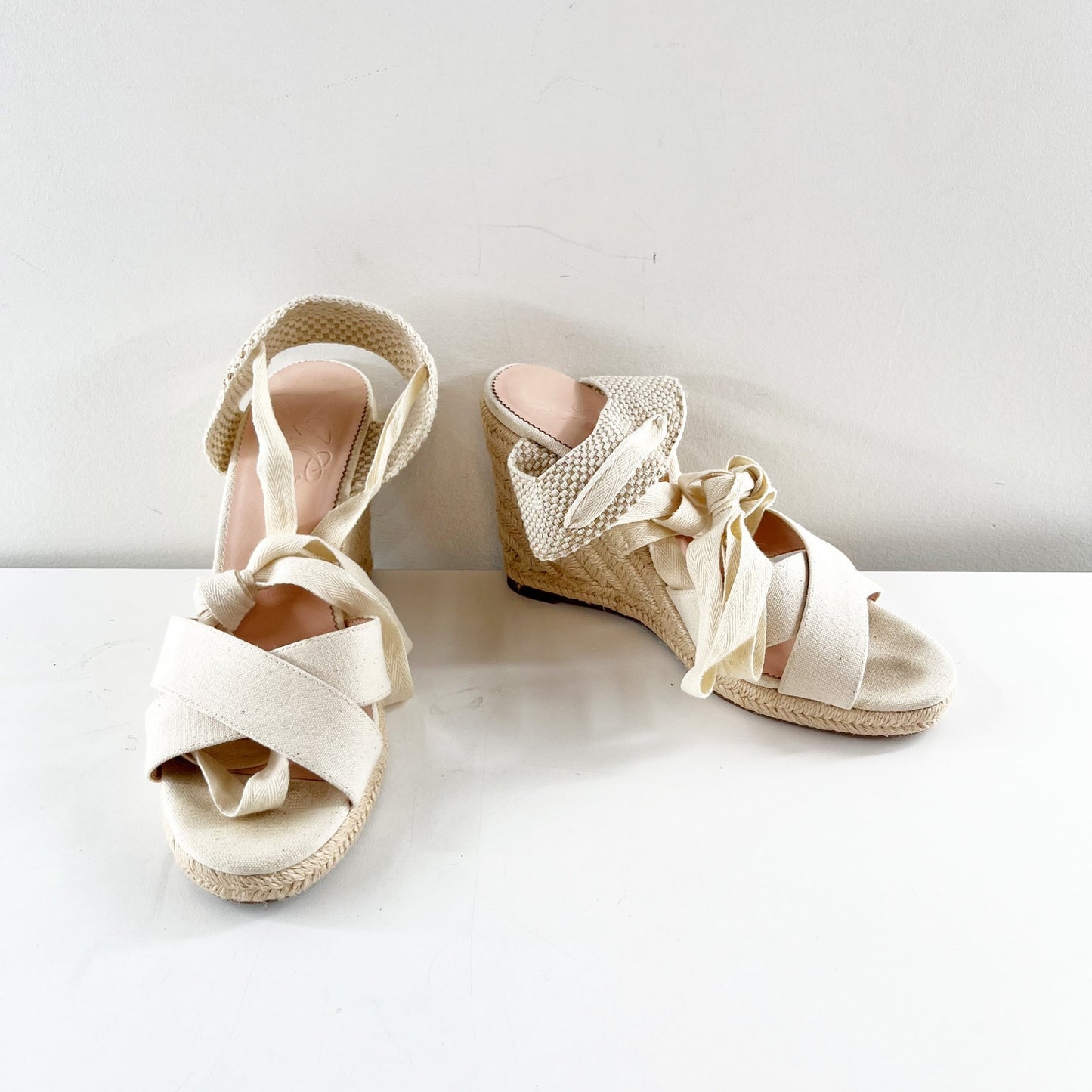 J. Crew Canvas Leather Lace-Up Espadrille Wedge Heel Sandals Cream 9