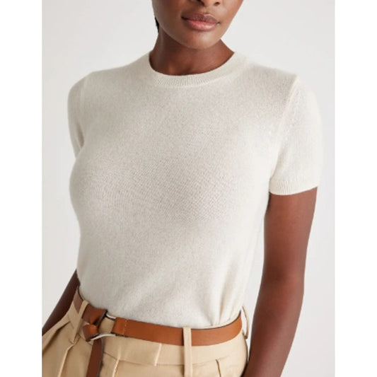 Quince Mongolian Cashmere Short Sleeve Crew Neck Sweater Tee Cream Small