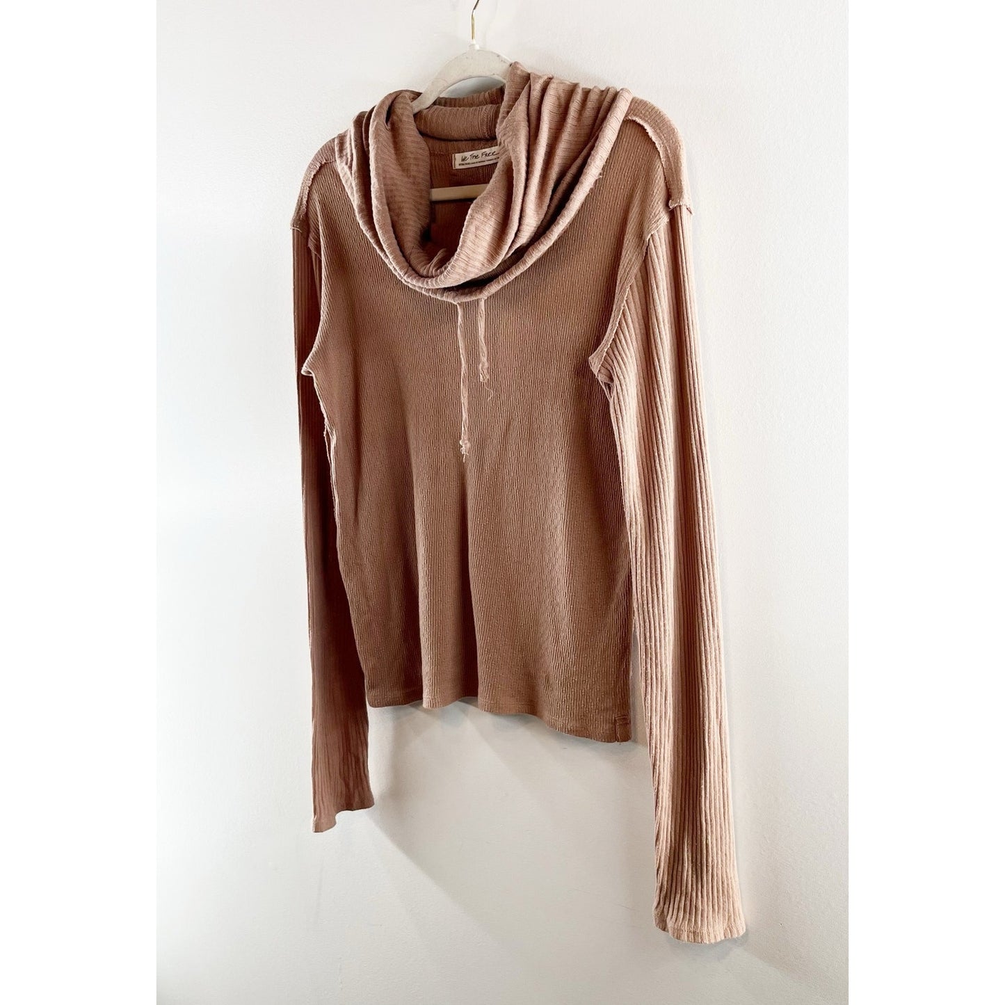 Free People Care FP Hot Peppers Textured Long Sleeve Cowl Neck Hoodie Tan XS