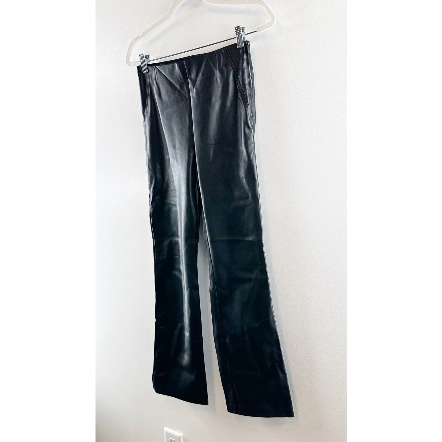 Zara Faux Leather High Waisted Flat Front Straight Leg Trouser Pants Black Small