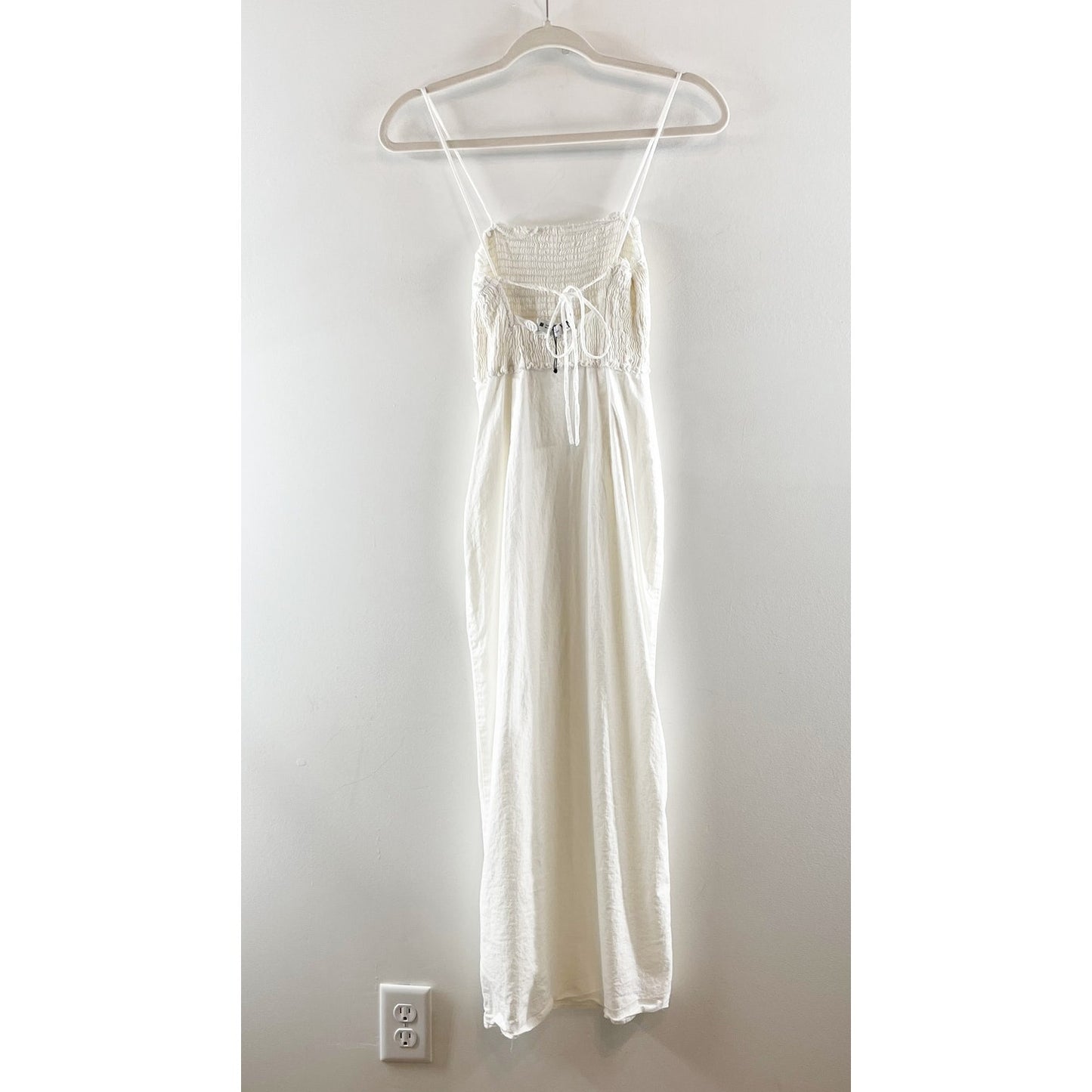 ZARA Smocked Linen Blend Slit Midi Dress White XS