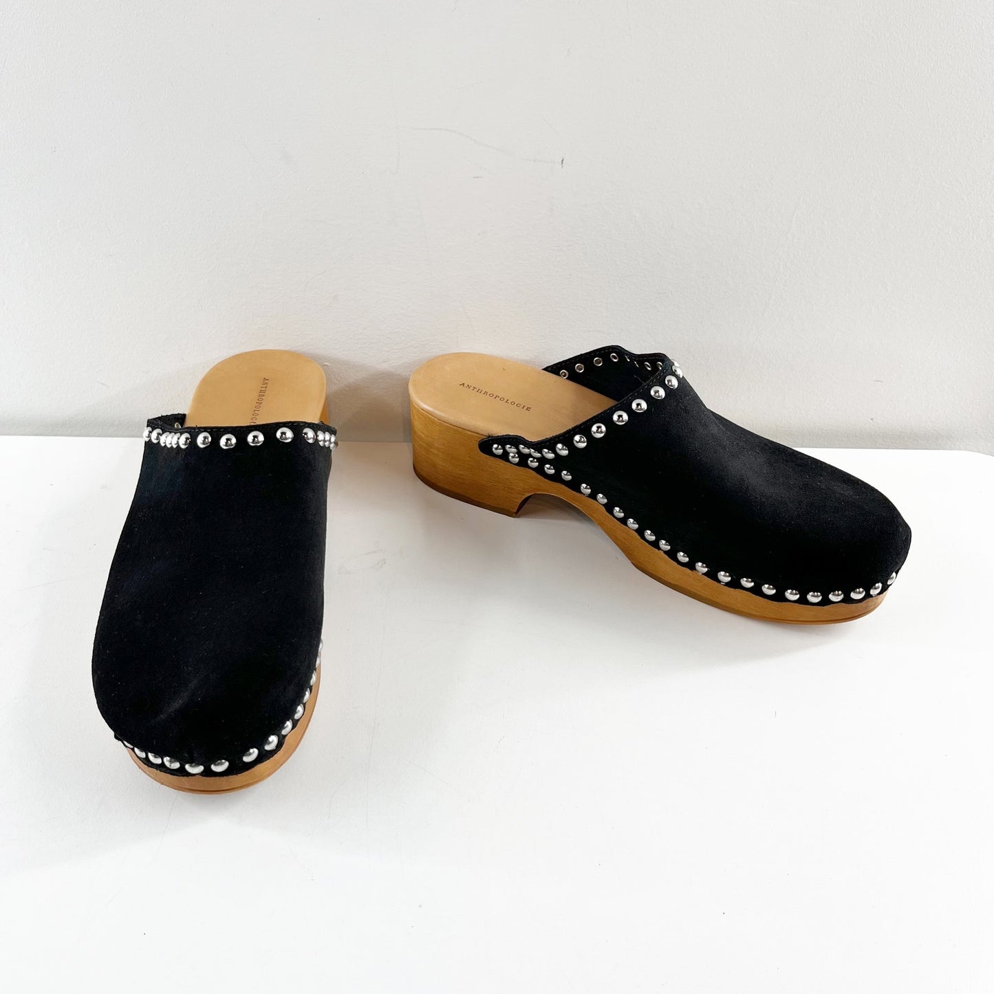 Anthropologie Studded Trim Wood Bottom Clogs Black 40 / US 9.5 / 10