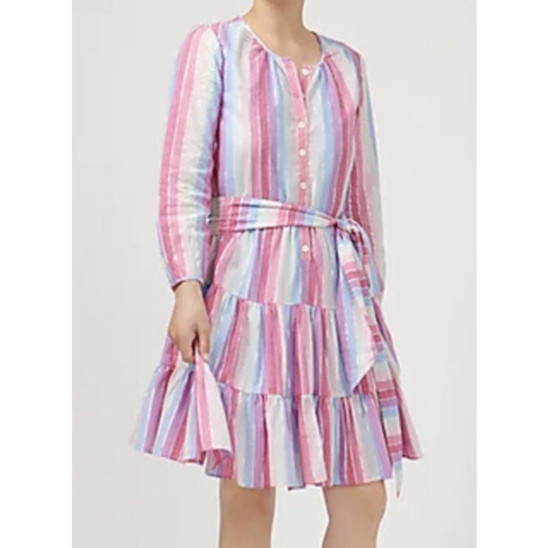 J. Crew Belted Button Up Long Sleeve Mini Dress in Pastel Stripe Purple Pink M