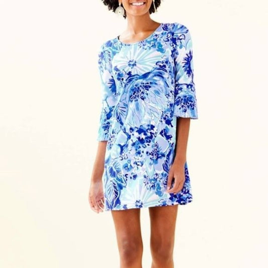 Lilly Pulitzer Ophelia 3/4 Sleeve Floral Mini Shift Dress Blue XS