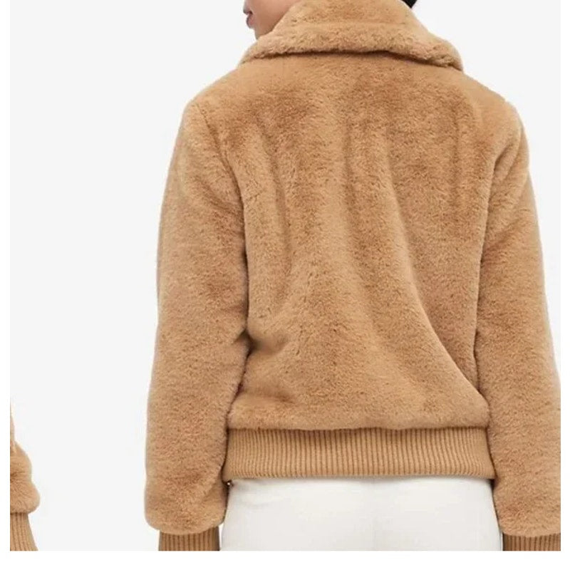 Banana Republic Full Zip Faux Fur Bomber Jacket Camel Brown Medium