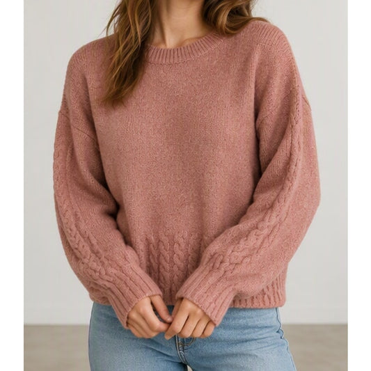 Papermoon Cable Trim Crewneck Bow Tie Back Pullover Sweater Pink Medium