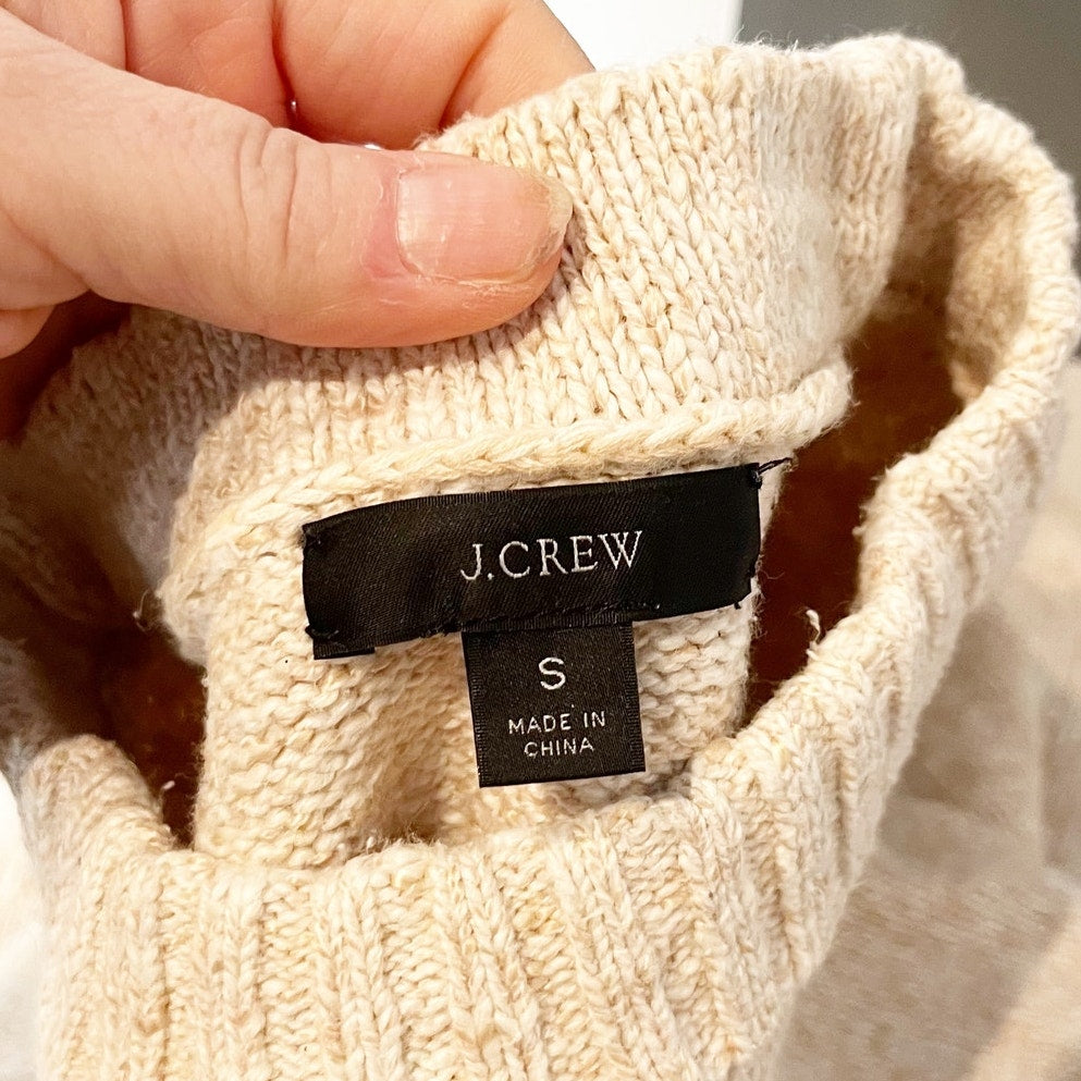 J. Crew Marled Ribbed Trim Crewneck Cotton Sweater Tan Beige Small