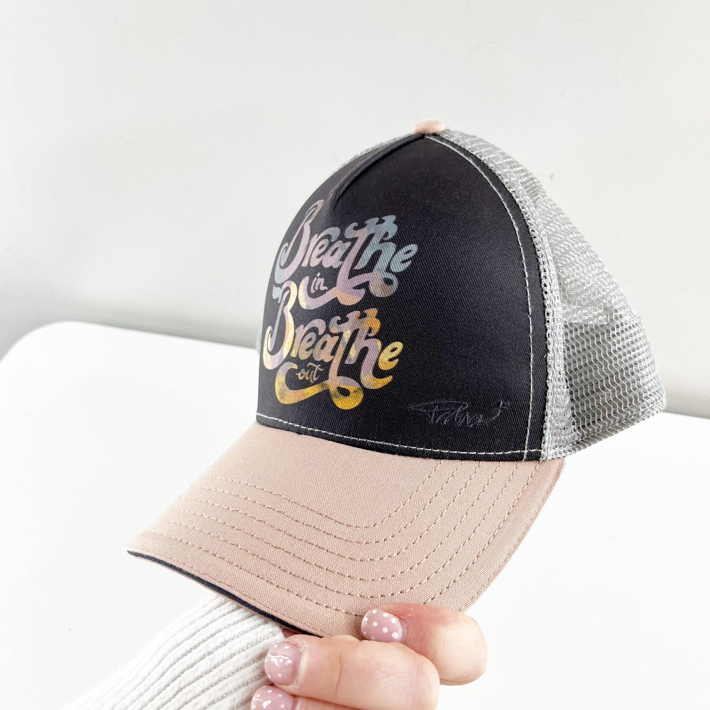 PrAna La Viva Breathe In Breathe Out Trucker Hat Gray Pink