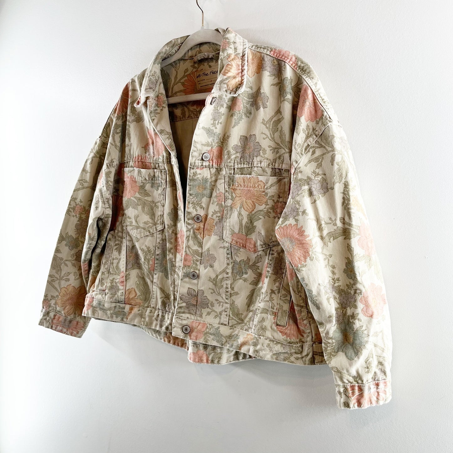 Free People Opal Floral Denim Trucker Jean Jacket Tan Beige Pink Small