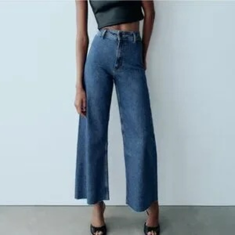 ZARA High Rise Wide Leg Raw Hem Marine Jeans Blue 8