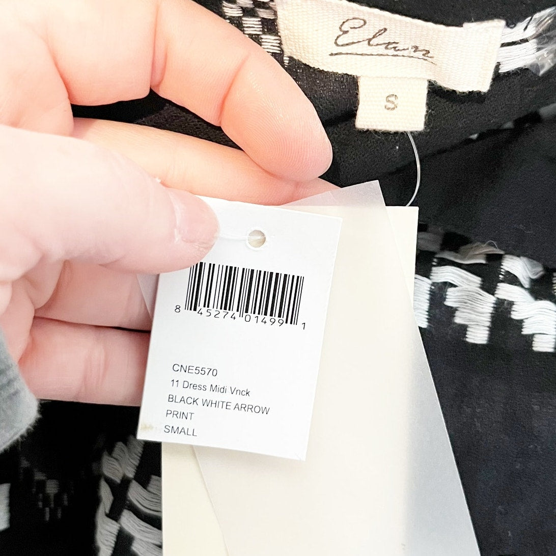 Elan 3/4 Bell Sleeve Embroidered Mini Arrow Swing Babydoll Dress Black White