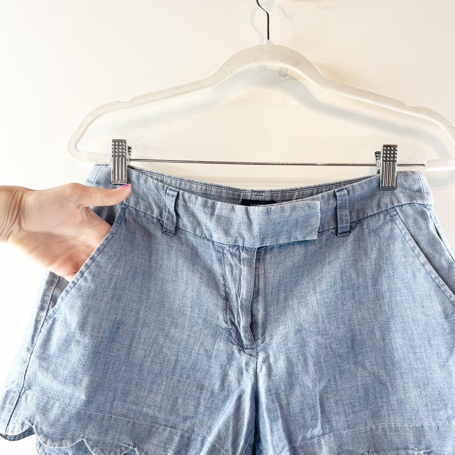 J. Crew Mid-Rise Flat Front Chambray Short with Scalloped Hem Blue 2