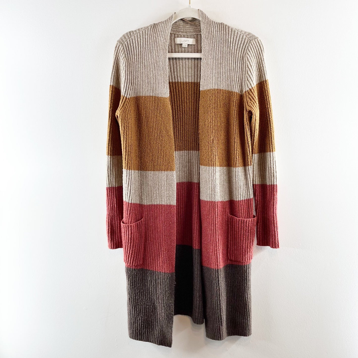 LOFT Colorblock Patch Pocket Open Front Ribbed Cardigan Sweater Multi Small