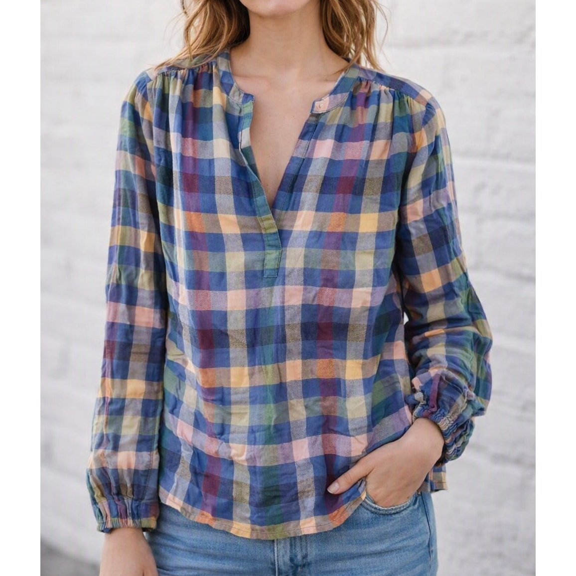 GAP Long Sleeve Femme Cotton Pullover Top Plaid Blue Pink Medium