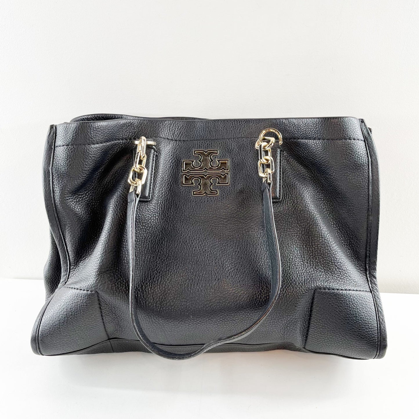 Tory Burch Britten Leather Tote Purse Bag Black Gold