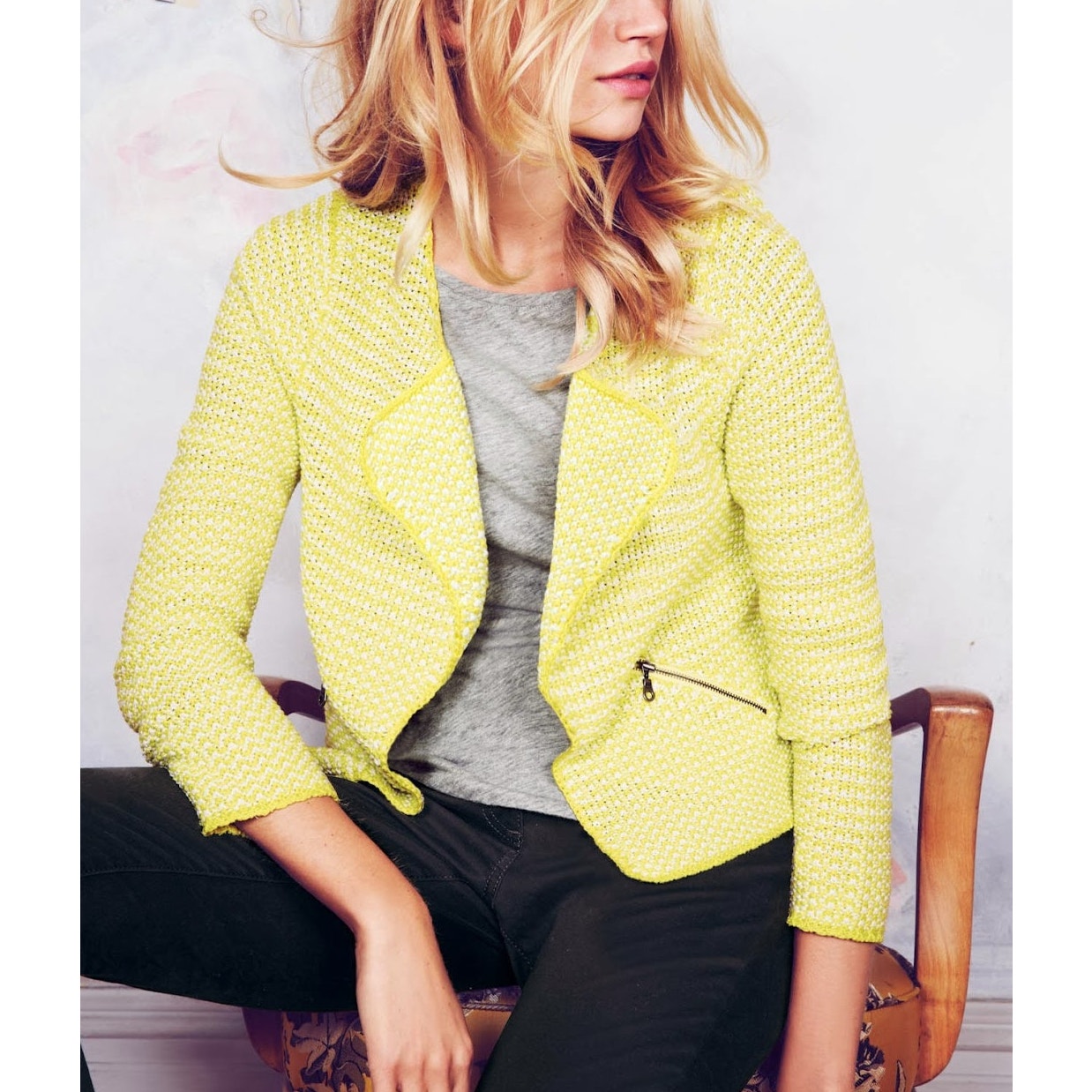 Boden Soho Cotton Long Sleeve Open-Front Knit Sweater Blazer Jacket Yellow 14