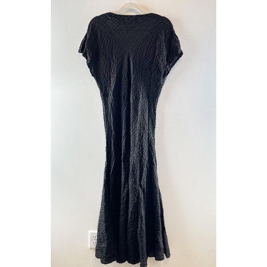 Luna Luz Short Sleeve Textured V Neck Linen Blend Midi Dress Black XL