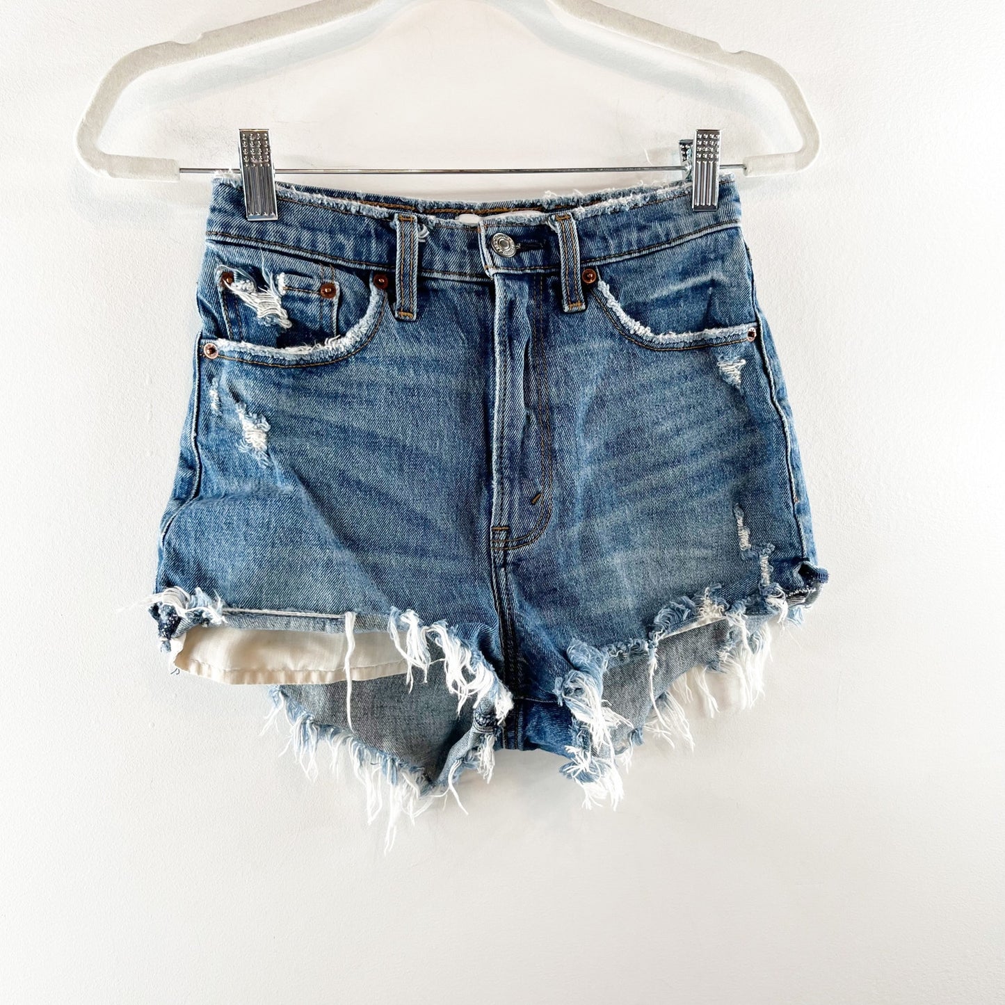 Abercrombie & Fitch High Rise Distressed Curve Love Mom Shorts Blue 25 / 0