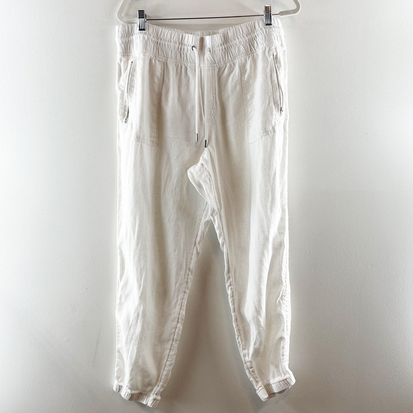 Athleta Cabo 100% Linen Pull On High Waisted Drawstring Jogger Pants White 16