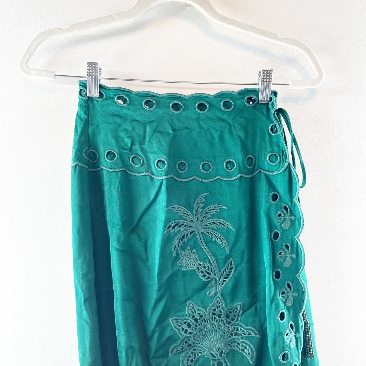 Farm Rio Richilieu Broderie Anglaise Satin Wrap Midi Skirt Green XS