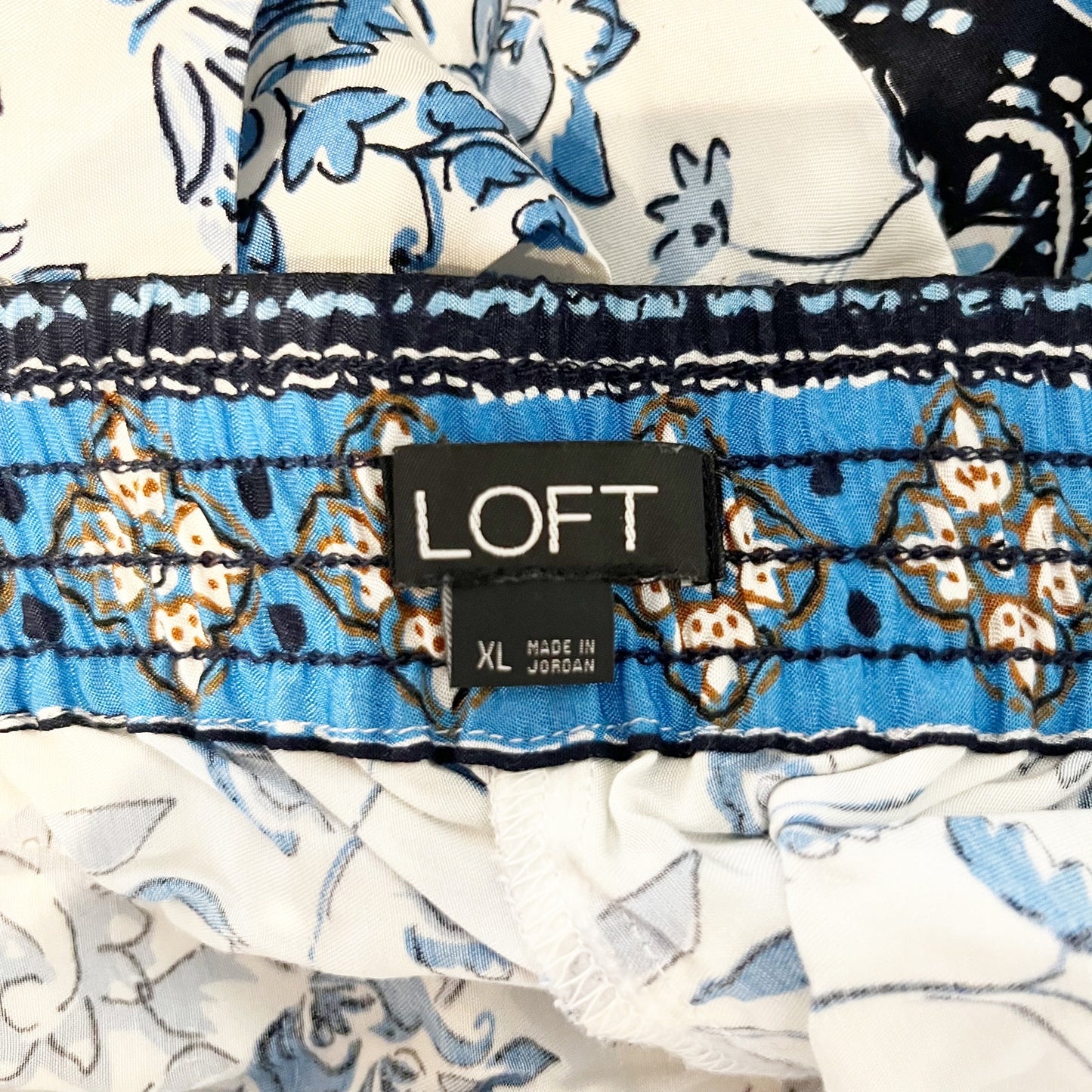 Loft Fluid Paisley Floral High Waisted Wide Leg Satin Pants White Blue XL