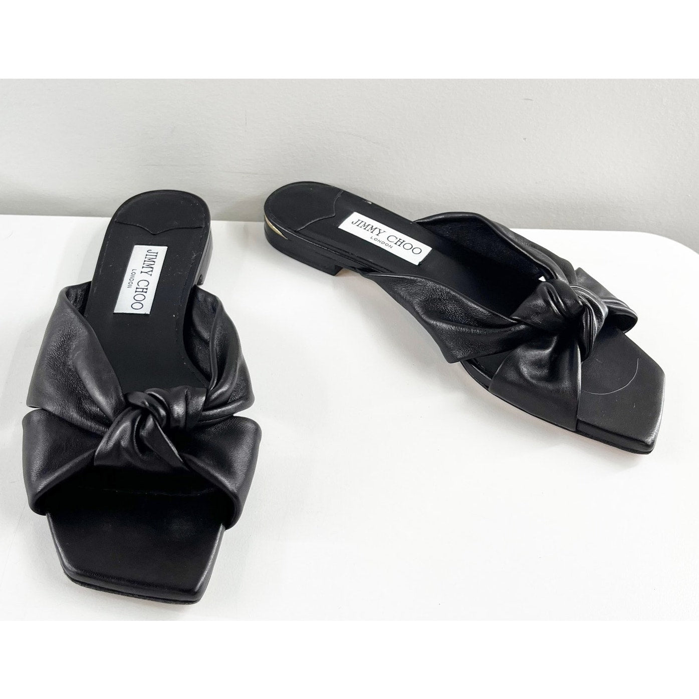 Jimmy Choo Avenue Leather Flat Slide Knot Sandals Black 38.5