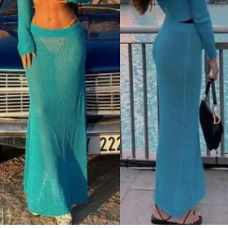 Zara Pointelle Pull On High-Waisted Knit Coverup Maxi Skirt Aqua Blue Small