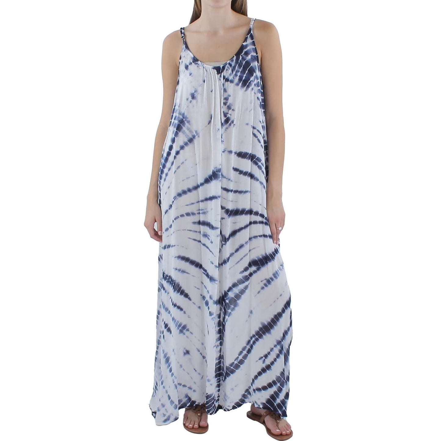 Raviya Tie Dye Printed Scoopneck Maxi Cover Up Dress White Blue Large