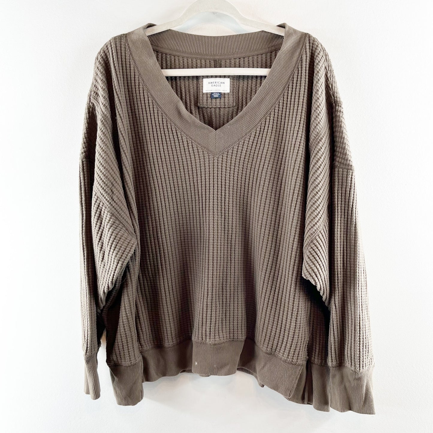 American Eagle Big Hug Waffle V Neck Oversized Sweatshirt Brown Medium