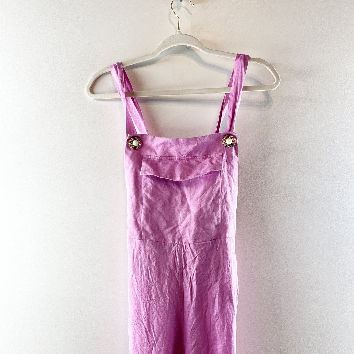 Sleeper Baccara 100% Linen Sleeveless Flare Leg Utilitarian Jumpsuit Pink Small