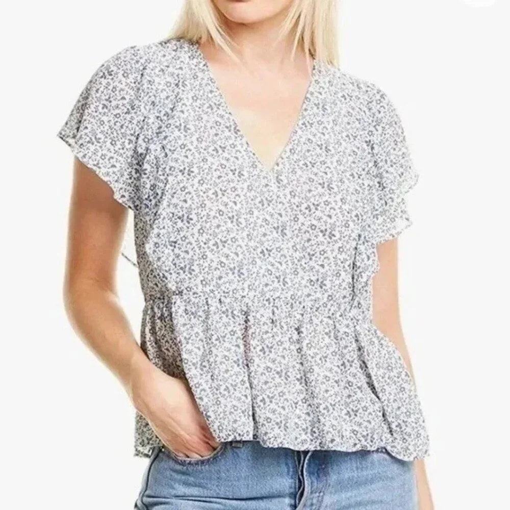 Madewell Georgette Ruffle-Sleeve V-Neck Peplum Blouse Americana Floral XL