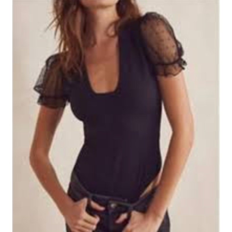 Free People Puff Sheer Short Sleeve Bodysuit Black XS