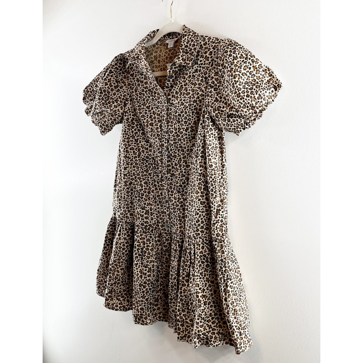 J. Crew Bubble Short Puff Sleeve Button Up Drop Waist Leopard Print Mini Dress