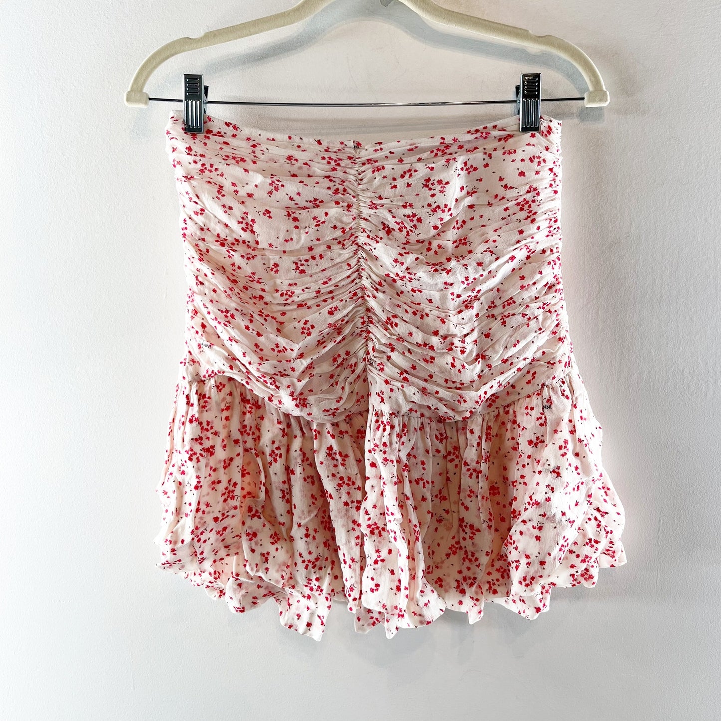 Ganni Georgetti Floral Print High Waisted Ruched Mini Skirt Pink White 34